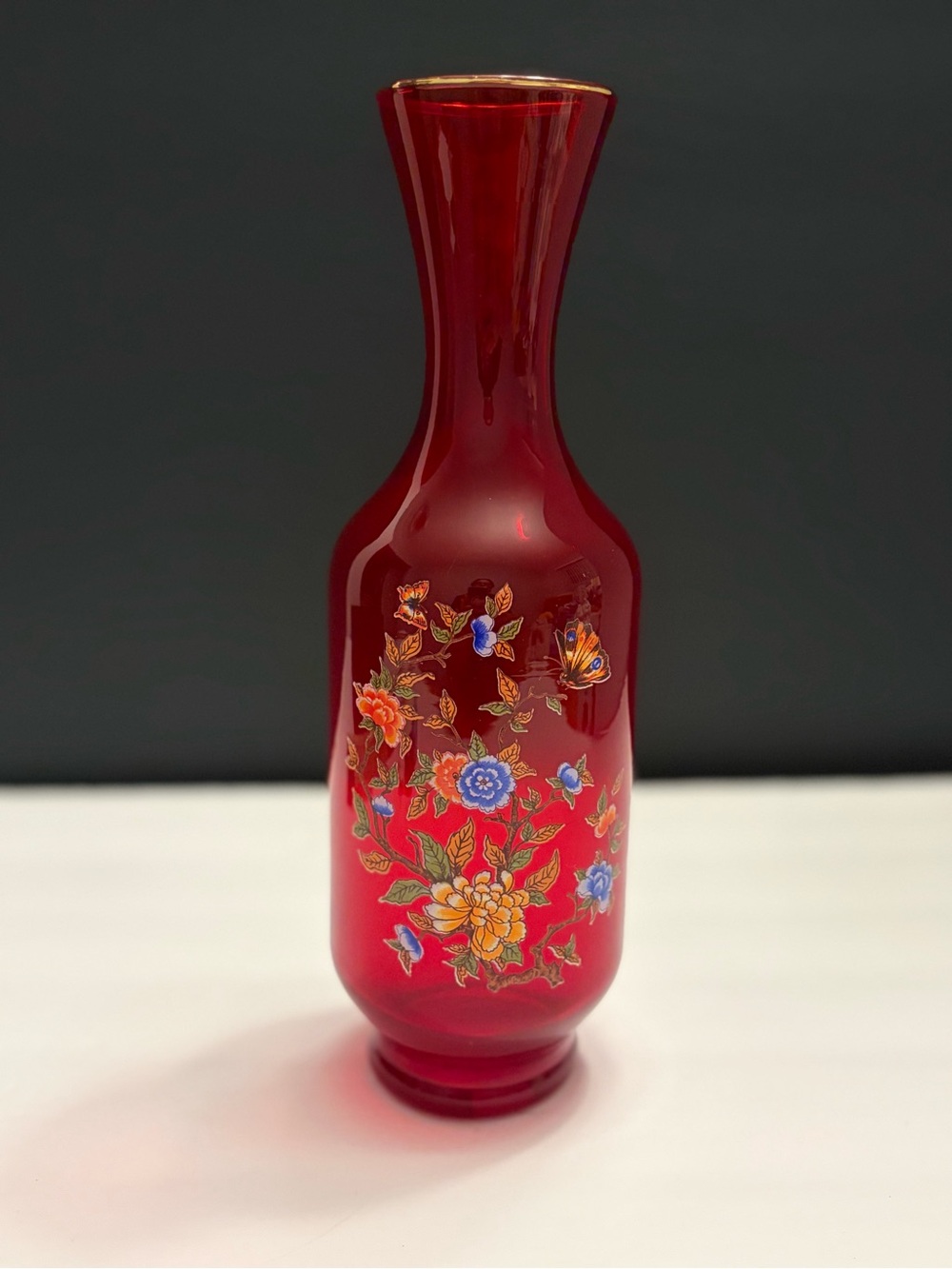Vintage Norleans Italy Ruby Red Glass Vase Hand Painted Enamel Flowers Gold Trim